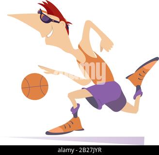 Man plays basketball isolated illustration. Running cartoon man basketball player with a basketball isolated on white Stock Vector