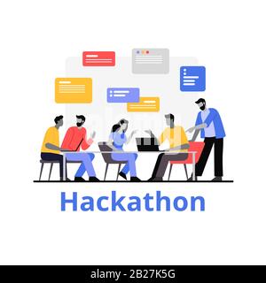 People working together hackathon vector flat illustration. Programmers work with data Stock Vector
