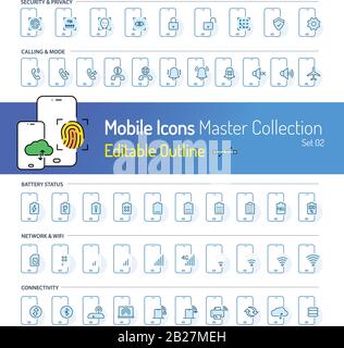 Mobile Icon collection, Outline icon stroke, Document icons, Utility, Media & Entertainment, email, messages, gear services, Digital devices, Music Stock Vector