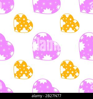 Colorful seamless pattern of cute pink and yellow hearts on a white background. Simple flat vector illustration. For the design of paper wallpaper, fa Stock Vector