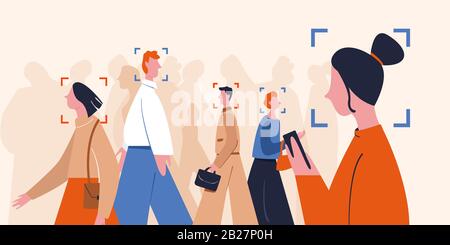 Crowd different colored people recognition face using modern identification software Stock Vector