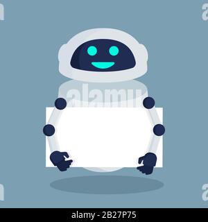 Smiling robot with signboard. Vector flat icon Stock Vector