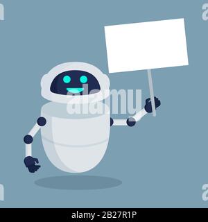 Smiling robot with signboard. Vector flat icon Stock Vector