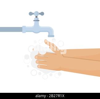 Hands under falling water out of tap. Man washes hands. Flat style Stock Vector