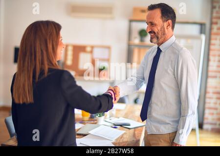 Two middle age business workers smiling happy and confident. Working together with smile on face doing handsake at the office Stock Photo
