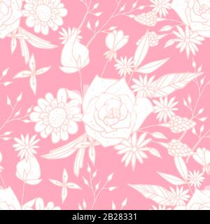 Hand Drawn Seamless Background With Floral Ornaments, Stylized Flowers, Dots, Plants. Vector Abstract Floral Textures. Stock Vector