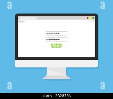 Pc with login form page on screen. Vector illustration Stock Vector