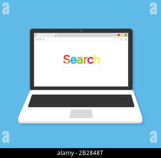 Laptop with browser and search bar in flat style. Vector illustration. Stock Vector