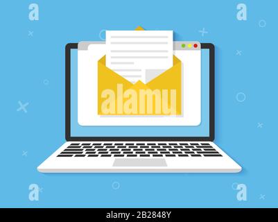 Laptop with envelope on screen. E-mail, email icon flat Stock Vector