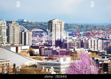 Seattle downtown panorama view from Queen Anne hill during spring, Washington, USA Stock Photo