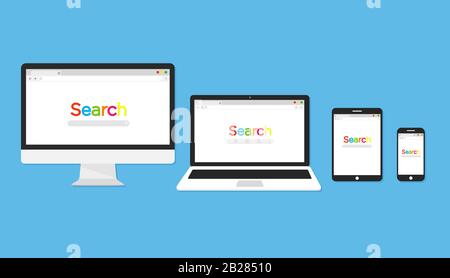 Computer with with open browser. Monitor with browser and search bar. Flat icon Stock Vector