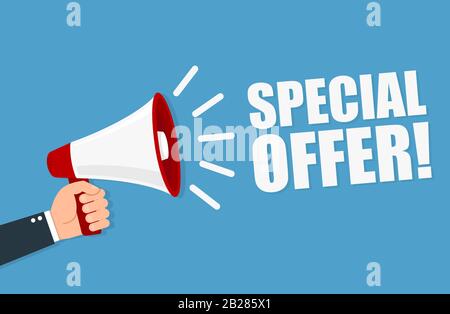 Hand holding megaphone. Special offer in flat style. Vector illustration Stock Vector