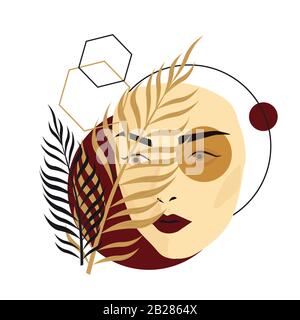 Futuristic female face collage with palm tree branch and different geometric shapes Stock Vector
