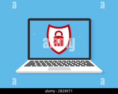 Security concept. Shield on laptop screen. Flat vector Stock Vector