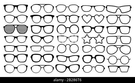 Many types of glasses. Fashion collection set glasses isolated. Vector illustration. Glasses icons frames silhouettes. Stock Vector