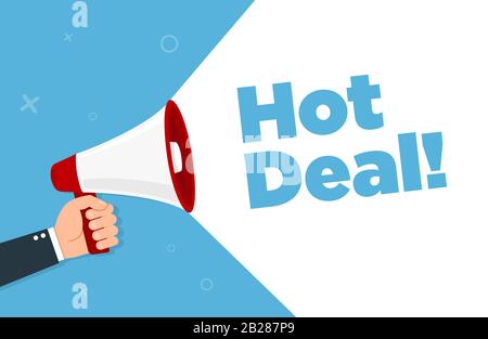 Hand holding megaphone - hot deal. Vector illustration. Stock Vector