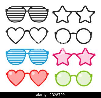 Many types of glasses. Fashion collection set glasses isolated. Vector illustration. Glasses icons frames silhouettes. Stock Vector