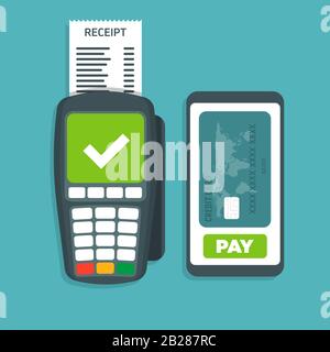 Pos terminal confirms the payment by smartphone Vector illustration. Stock Vector
