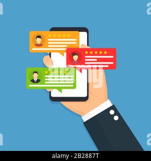 Review rating flat. Speeches on mobile phone icon vector illustration. Feedback Stock Vector