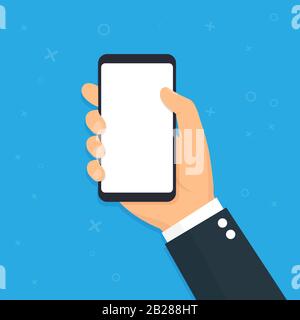 Hand holding smart phone. Flat design icon. Vector illustration Stock Vector