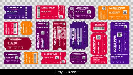 Ticket templates mockup, concert and movie ticket. Vector illustration on background Stock Vector