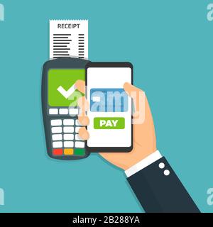 Pos terminal confirms the payment by smartphone Vector illustration. Stock Vector