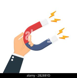 Hand of a businessman with magnet. Vector illustration in a flat Stock Vector