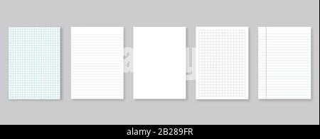 Set of vector illustrations sheets paper. Lined and square, on gray background Stock Vector