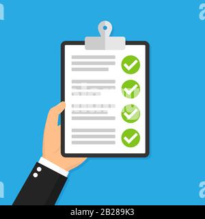 Hand holding clipboard with checklist. Vector illustration Stock Vector