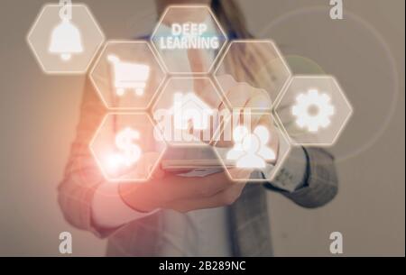 Text sign showing Deep Learning. Business photo text the collection of algorithms used in machine learning Stock Photo