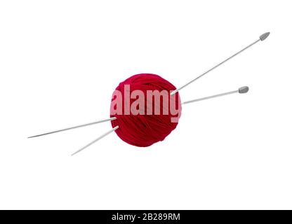 Balls of red wool yarn and knitting needles isolated on white background. Stock Photo