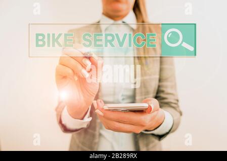 Conceptual hand writing showing Bike Service. Concept meaning cleaning and repairing bike mechanism to keep best condition Stock Photo