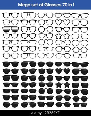 Many types of glasses. Fashion collection set glasses isolated. Vector illustration. Glasses icons frames silhouettes. Stock Vector