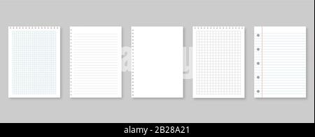 Set of vector illustrations sheets paper. Lined and square, on gray background Stock Vector
