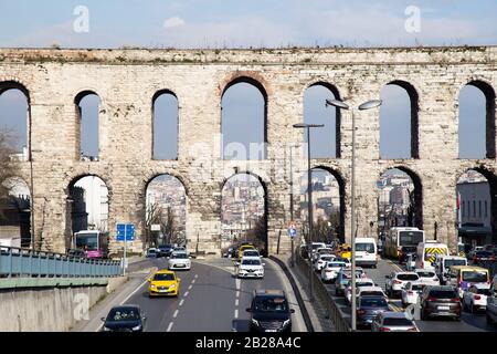 Istanbul, Turkey - 01/19/2019: Valens Aqueduct, located in the old part of Istanbul (Constantinople) on the boulevard of Ataturk. The aqueduct is one Stock Photo