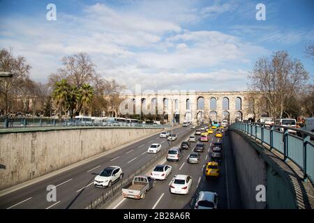 Istanbul, Turkey - 01/19/2019: Valens Aqueduct, located in the old part of Istanbul (Constantinople) on the boulevard of Ataturk. The aqueduct is one Stock Photo