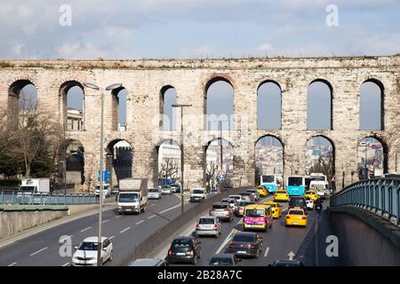 Istanbul, Turkey - 01/19/2019: Valens Aqueduct, located in the old part of Istanbul (Constantinople) on the boulevard of Ataturk. The aqueduct is one Stock Photo