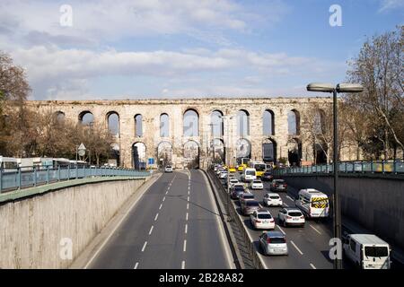 Istanbul, Turkey - 01/19/2019: Valens Aqueduct, located in the old part of Istanbul (Constantinople) on the boulevard of Ataturk. The aqueduct is one Stock Photo