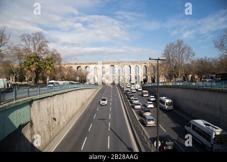 Istanbul, Turkey - 01/19/2019: Valens Aqueduct, located in the old part of Istanbul (Constantinople) on the boulevard of Ataturk. The aqueduct is one Stock Photo