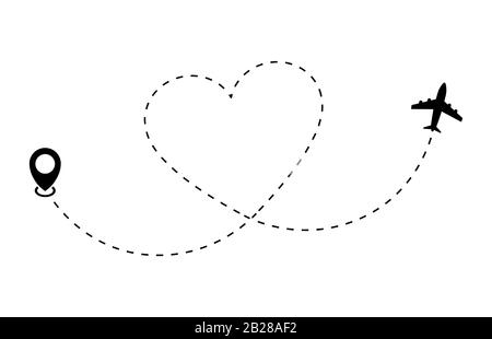 Heart airplane route. Plane and track icon on a white background. Vector illustration Stock Vector