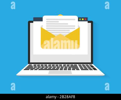 Laptop with envelope and document on screen. E-mail, email icon Stock Vector