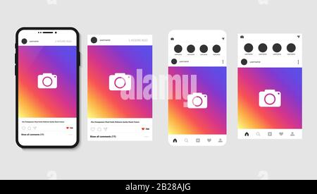 Smartphone and open social app with post for photo, mockup template Stock Vector