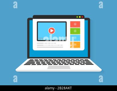 Laptop with video player. Vector illustration. Stock Vector