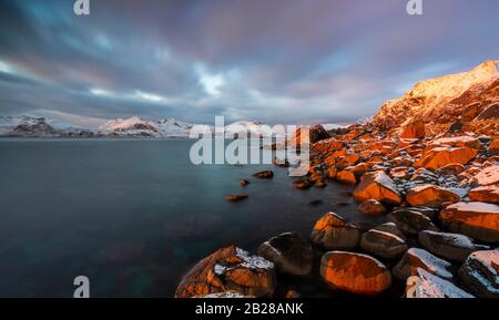 Sunset near Henningsvaer, Vågan, Austvågøy, Nordland, Lofoten, Norway, Northern Europe Stock Photo