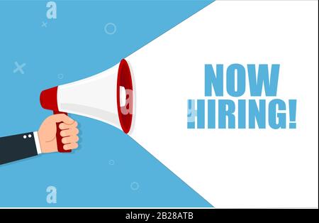Hand holding megaphone and announcement we are hiring. Vector illustration. Stock Vector