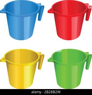 plastic mug, jug, container, red, yellow, blue, green, utensil tumbler volume liter Stock Vector