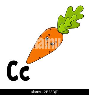 Funny alphabet. ABC flash cards. Cartoon cute character isolated on white background. For kids education. Developing worksheet. Learning letters. Vect Stock Vector