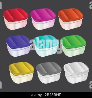 plastic container, Tiffin box, mug, jug, red, yellow, blue, green, utensil tumbler volume liter Stock Vector