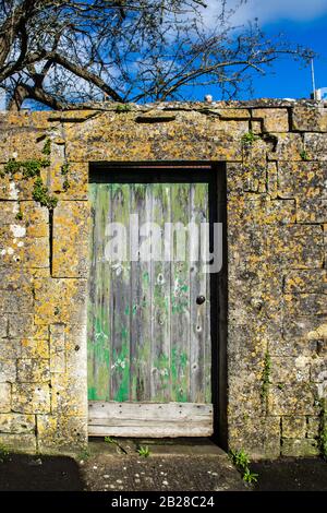 An old wooden door in a high garden wall with aged flaking green paint revealing the wooden panels underneath Stock Photo