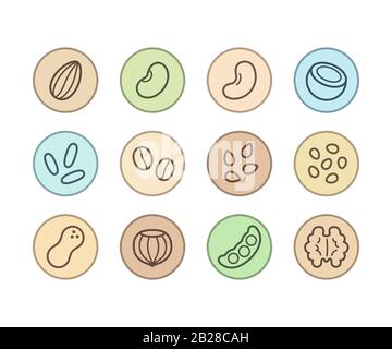 Plant based milk icons in color circles. Different nut and seed milk, beans and grains alternative. Labels for non-dairy beverages, vector symbols set Stock Vector